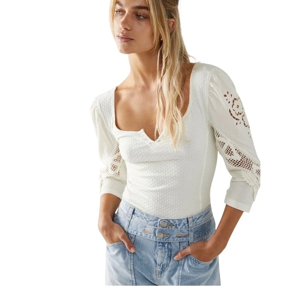 Free People Brunch Date‎ Knit Top Crochet Lace Puff Sleeve XS Boho Whimsical